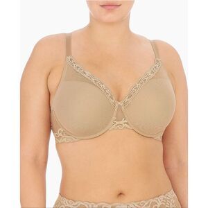 Natori 40DD Feathers Full Figure Plunge T-Shirt Bra Beige Wired Mesh Lace NEW